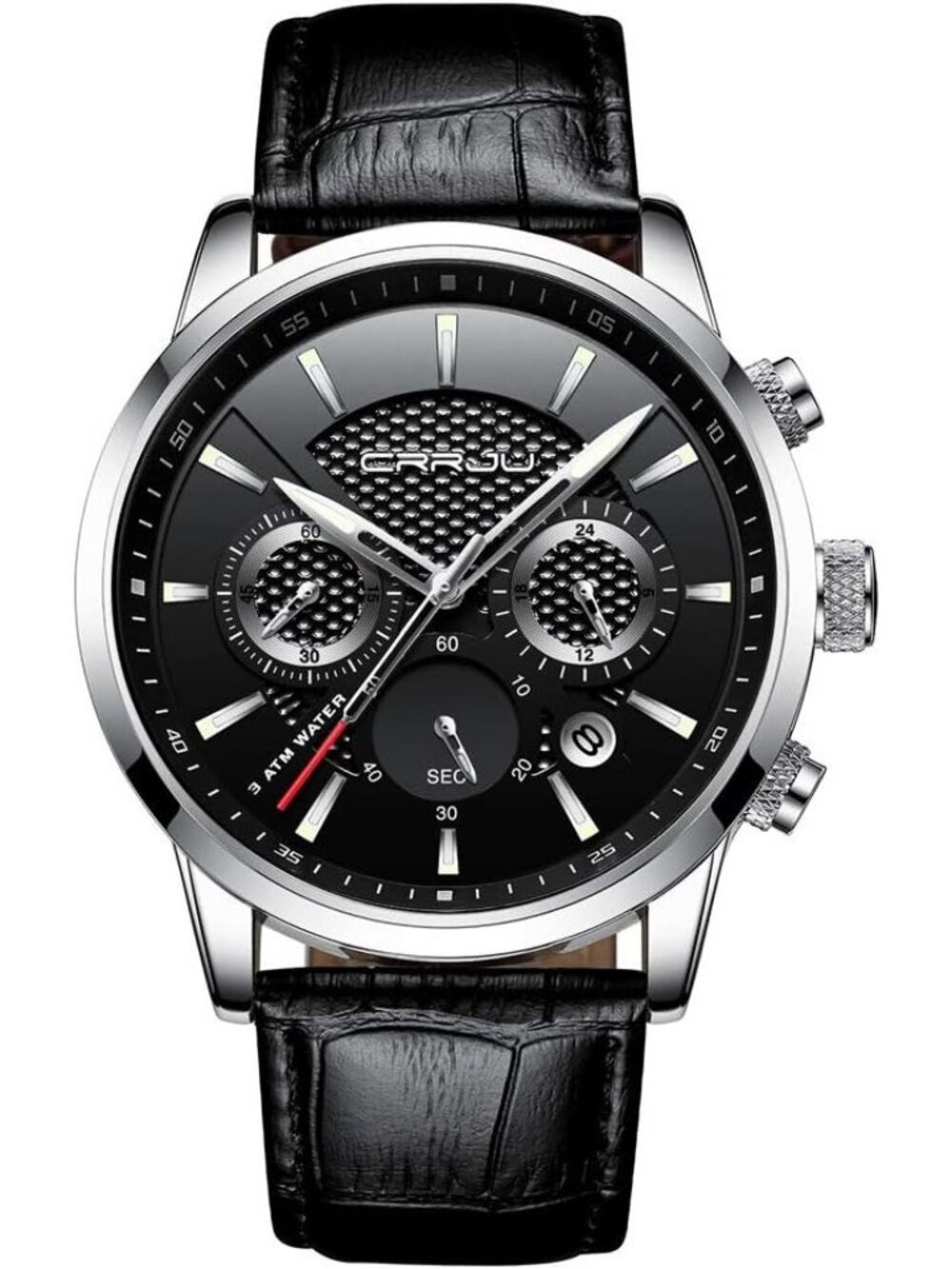 Mens Silver Black Leather Strap Casual Chronograph Quartz Waterproof Wrist Watch